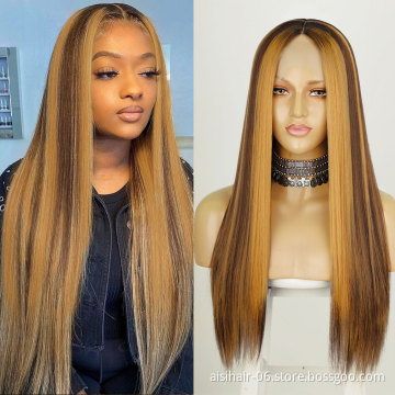 Aisi Hair straight blonde mix brown cheap wholsale premium soft fiber synthetic hair wigs with highlights lace front
